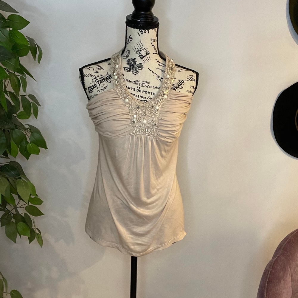 Brand New Express beaded cotton halter top